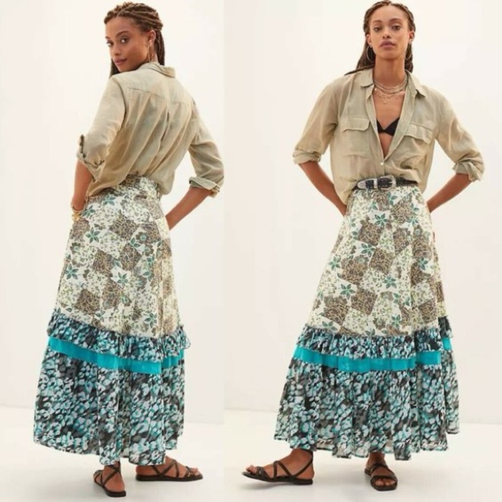 Anthropologie Floral Patchwork Maxi Skirt in Teal, Cream & Black